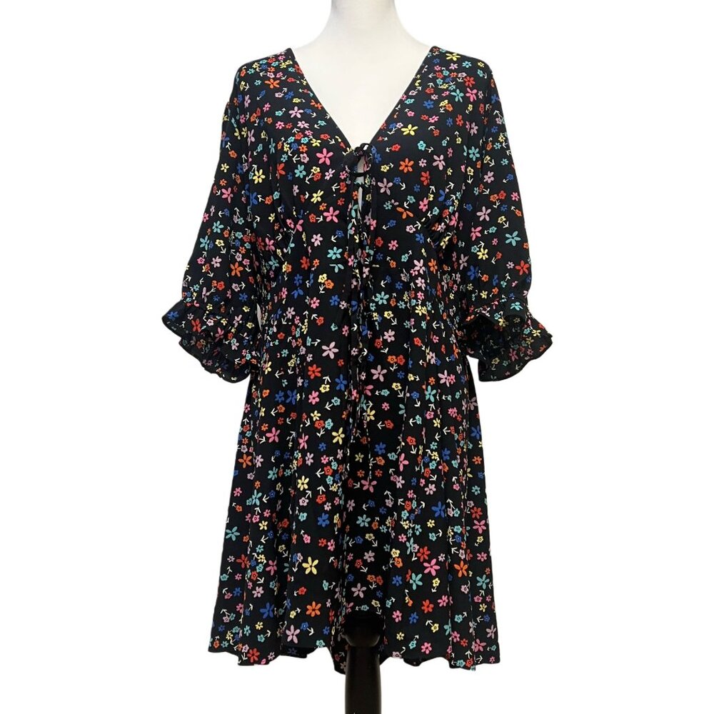 ASOS Design Curve Tea Mini Dress Floral Multicolor Tie Front V-Neck Flare Light - Picture 5 of 13